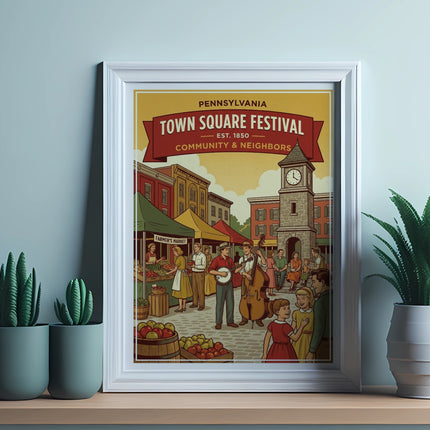 Pennsylvania Town Square Festival poster with musicians, vendors, and town clock.