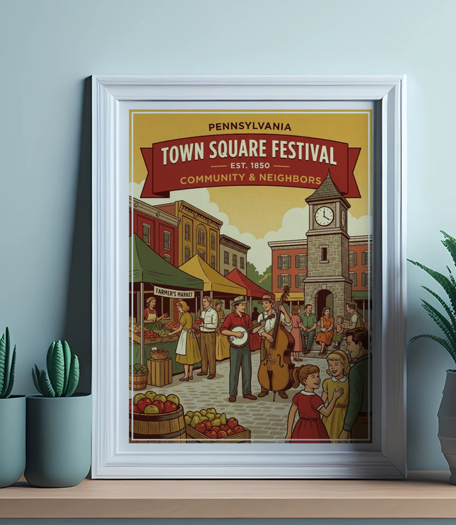 Pennsylvania Town Square Festival poster with musicians, vendors, and town clock.