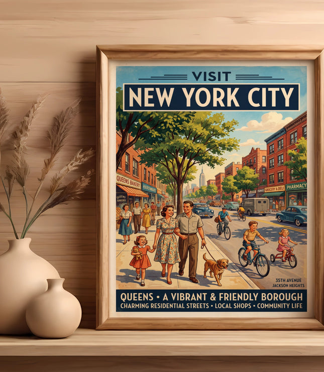 Vintage travel poster for Queens, New York City, depicting a family walking with a dog.