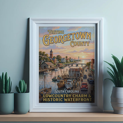 "Visiting Georgetown County, South Carolina" text over waterfront scene with boats and buildings