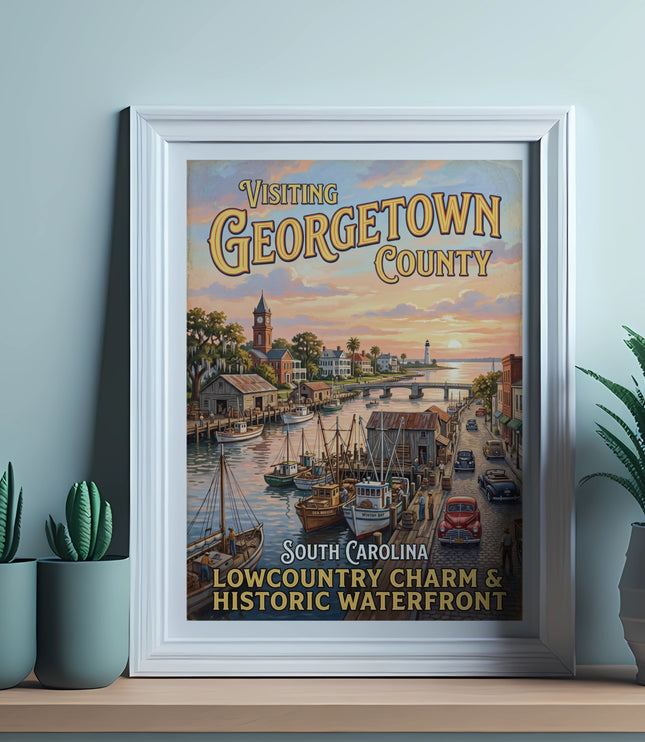 "Visiting Georgetown County, South Carolina" text over waterfront scene with boats and buildings