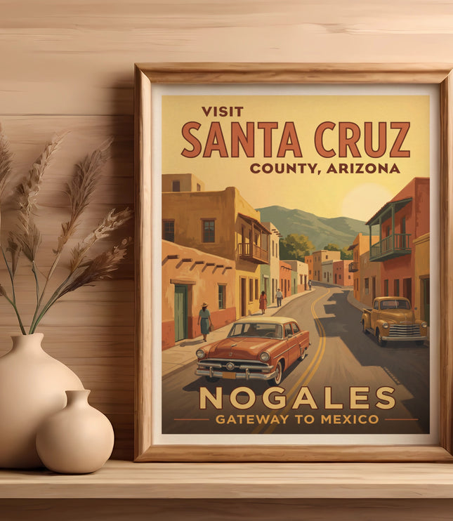 Vintage travel poster of Santa Cruz County, Arizona, featuring classic cars and buildings.
