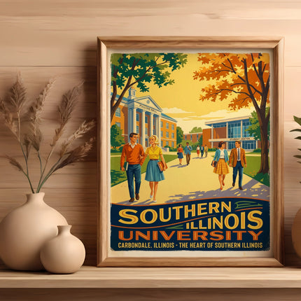 Southern Illinois University Carbondale vintage travel poster with buildings and people.