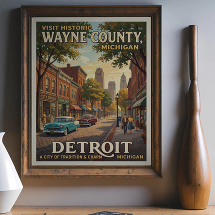Vintage poster of Wayne County, Michigan, featuring Detroit street scene and classic cars.