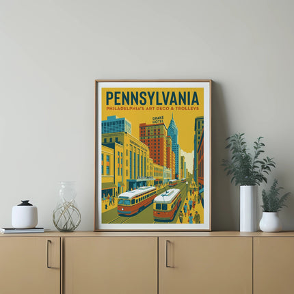 Art print of vintage trolleys in Philadelphia with "Pennsylvania" text.