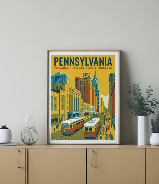 Art print of vintage trolleys in Philadelphia with "Pennsylvania" text.