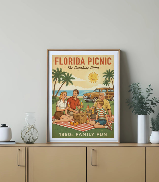 "Florida Picnic - The Sunshine State" 1950s family fun poster with a beach scene.