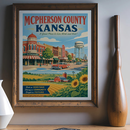 McPherson County Kansas vintage travel poster with town scene and sunflowers.