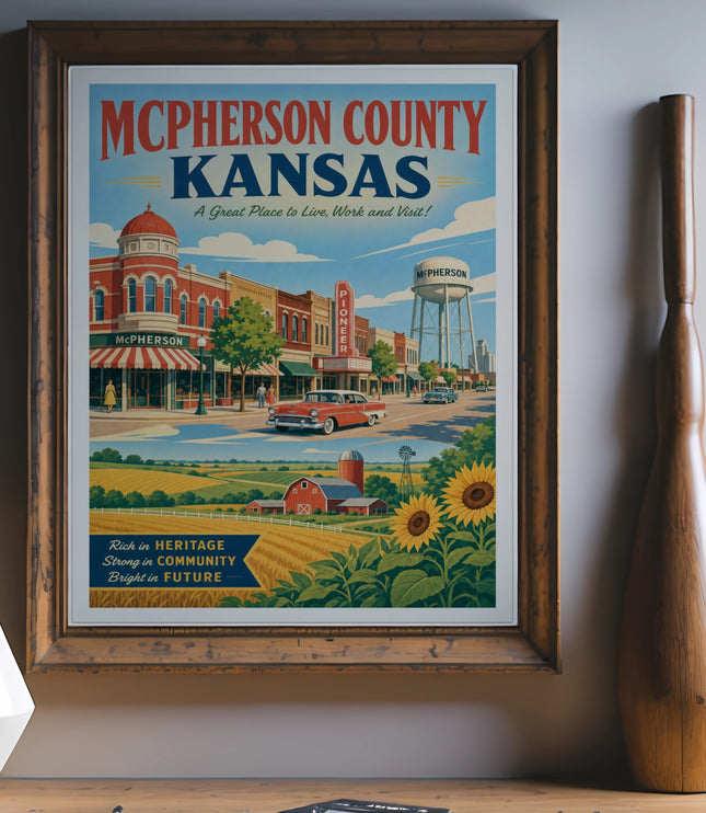 McPherson County Kansas vintage travel poster with town scene and sunflowers.