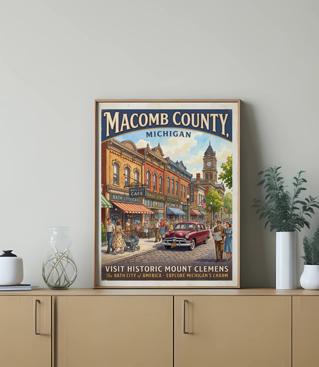 Vintage travel poster depicting Macomb County, Michigan, with a street scene.