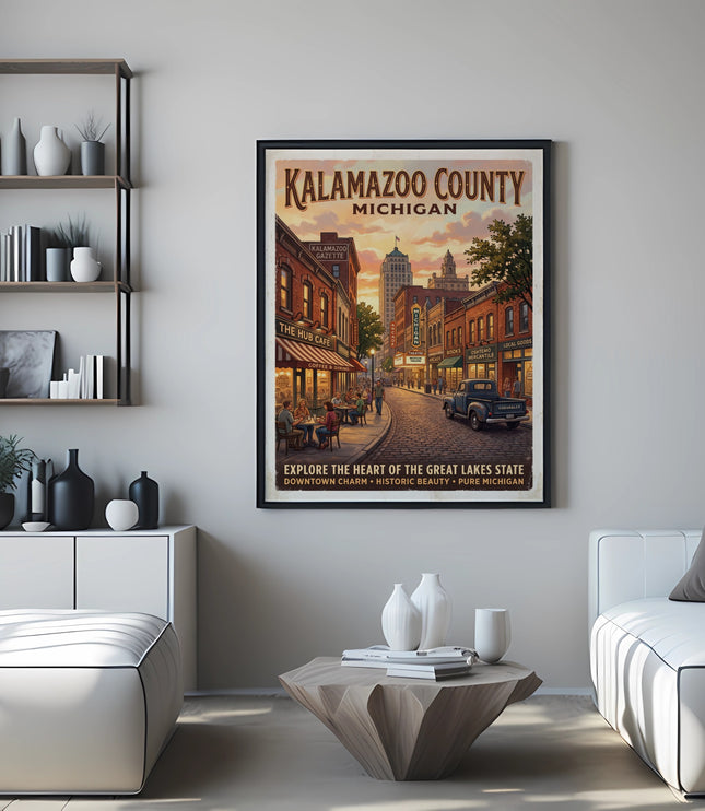 Kalamazoo County Michigan poster with vintage street scene and text.