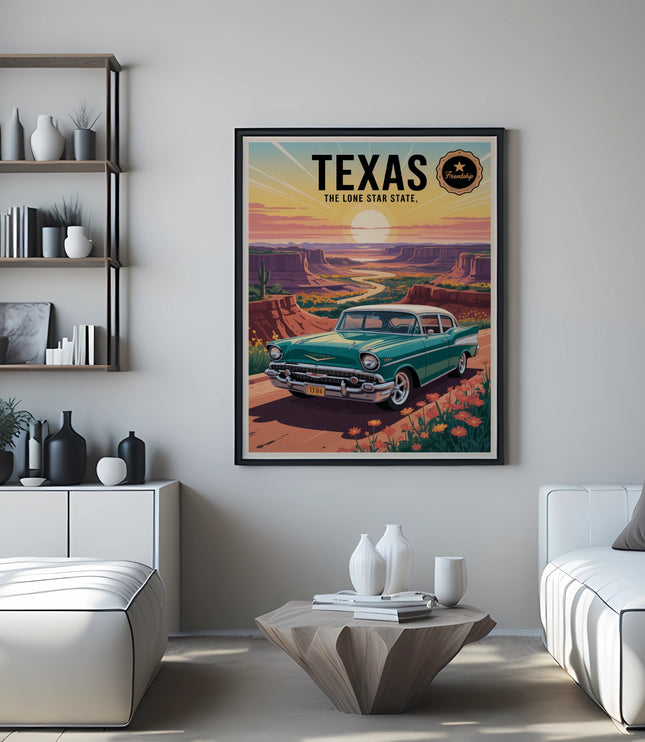 Poster featuring a 1950s green car in Texas with "TEXAS THE LONE STAR STATE" text.