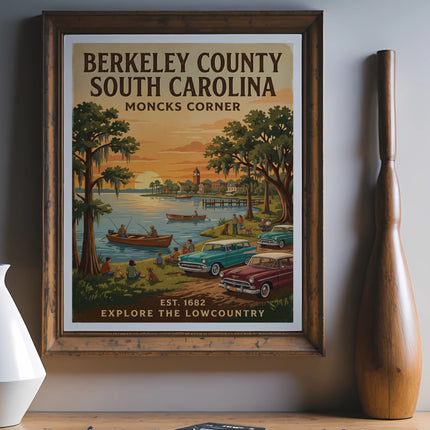 Berkeley County South Carolina Moncks Corner vintage travel poster with cars and fishing.