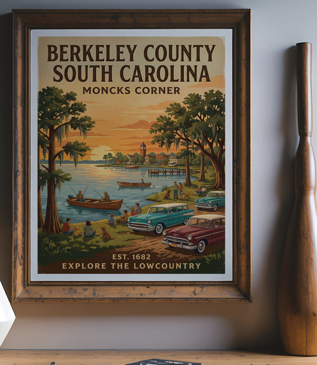 Berkeley County South Carolina Moncks Corner vintage travel poster with cars and fishing.