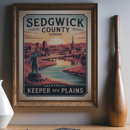 Sedgwick County Kansas Keeper of the Plains art print with cityscape and river.