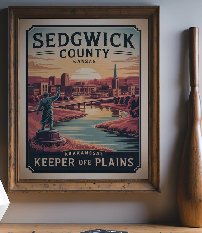 Sedgwick County Kansas Keeper of the Plains art print with cityscape and river.