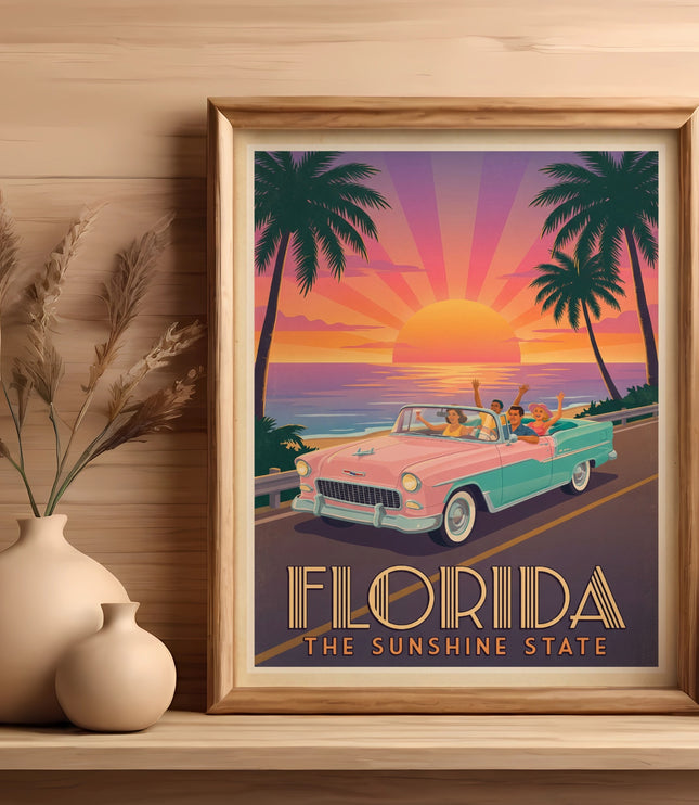 Florida travel poster with vintage car and sunset over ocean.
