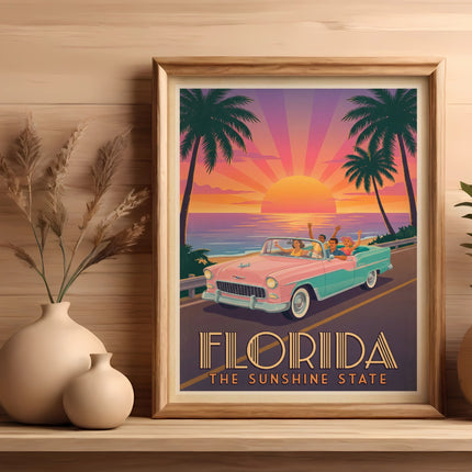 Retro convertible driving down a road in Florida at sunset.