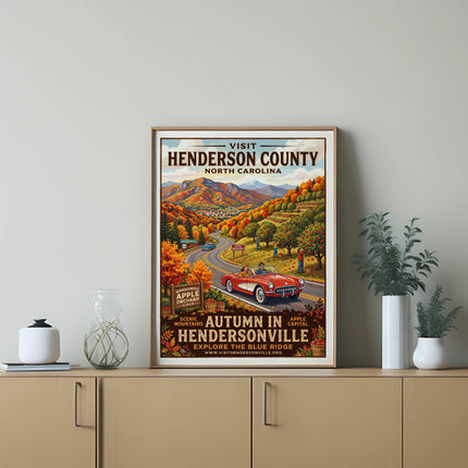 Visit Henderson County poster featuring autumn mountains, apple orchards, and a convertible.