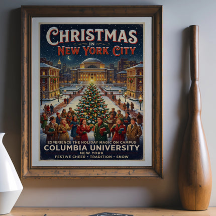 Christmas in New York City poster featuring Columbia University campus scene.