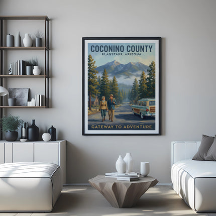 Retro poster of Coconino County, Flagstaff, Arizona, framing mountains and trees.