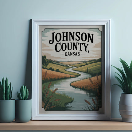 Framed artwork of a winding river through a Kansas landscape.