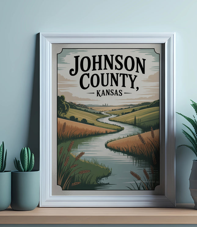 Framed artwork of a winding river through a Kansas landscape.
