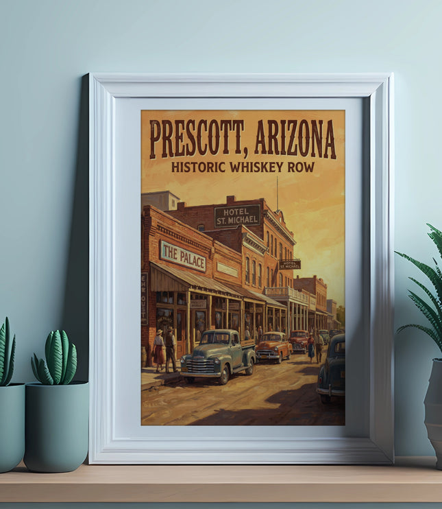 Prescott, Arizona Historic Whiskey Row poster with buildings and vintage cars.