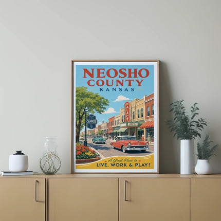 Neosho County Kansas poster with Chanute welcome sign and vintage cars.
