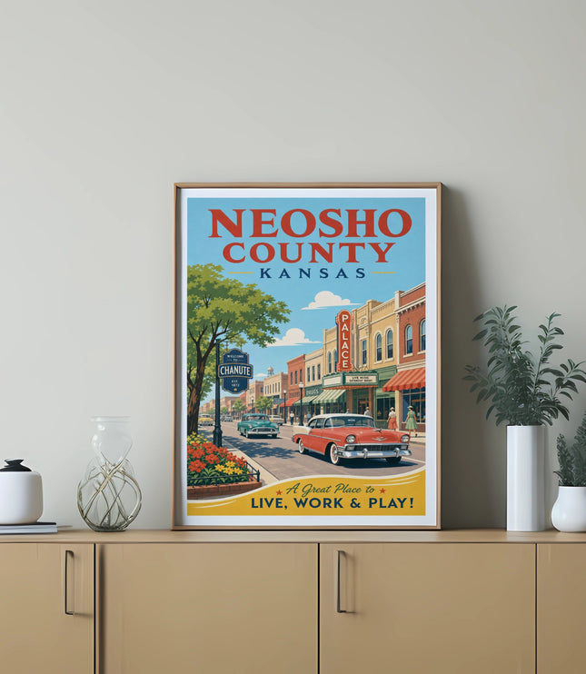 Neosho County Kansas poster with Chanute welcome sign and vintage cars.