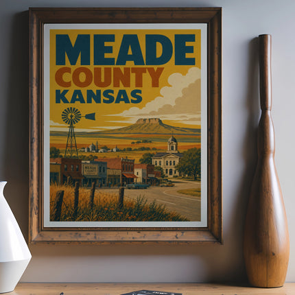 Vintage poster featuring Meade County, Kansas with buildings and windmill.