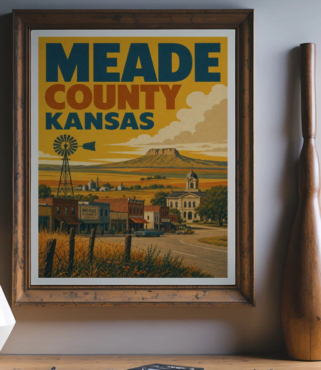 Vintage poster featuring Meade County, Kansas with buildings and windmill.