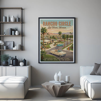 Rancho Circle Las Vegas, Nevada vintage poster with mid-century architecture and cars.