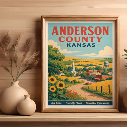 Anderson County, Kansas travel poster with sunflowers, town buildings, and text.