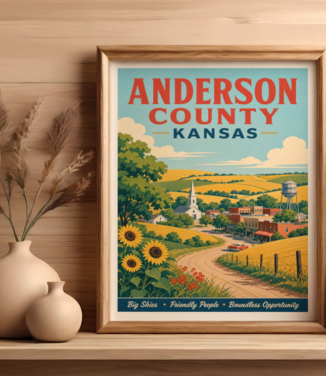 Anderson County, Kansas travel poster with sunflowers, town buildings, and text.