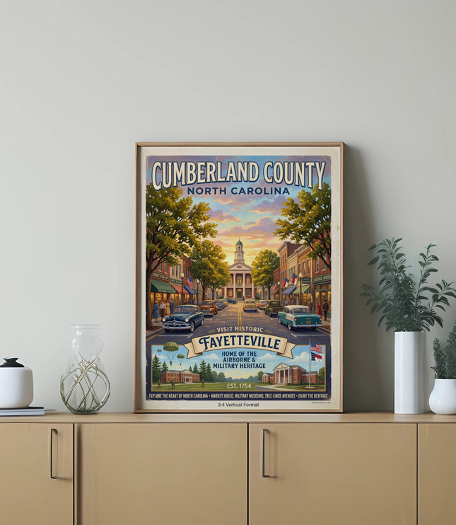 Cumberland County, North Carolina poster depicting Fayetteville, airborne and military heritage.