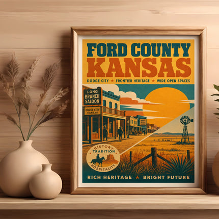 Ford County, Kansas poster featuring Dodge City and a vintage saloon scene.