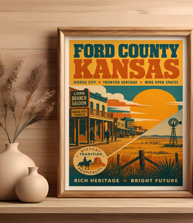 Ford County, Kansas poster featuring Dodge City and a vintage saloon scene.