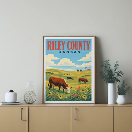 Riley County Kansas poster depicting rolling hills with cows and sunflowers.