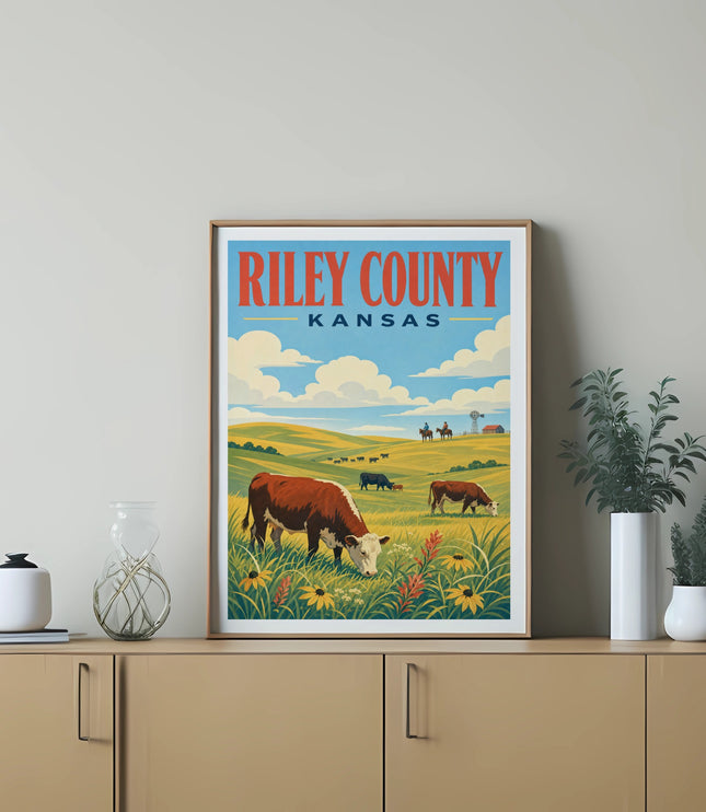 Riley County Kansas poster depicting rolling hills with cows and sunflowers.