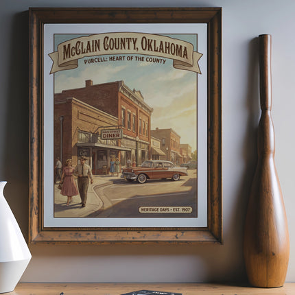 McClain County, Oklahoma poster with a diner, vintage car, and couple.