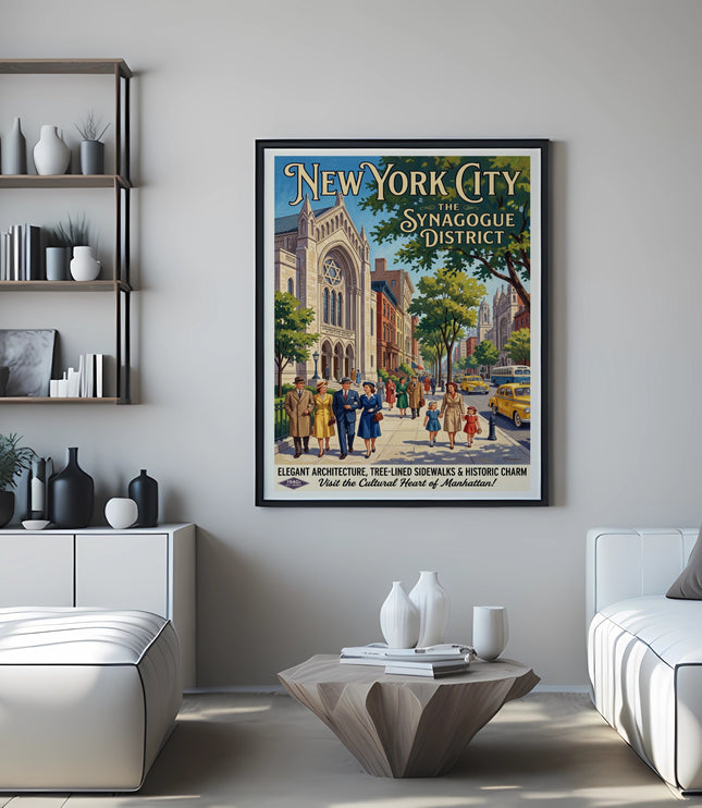 New York City Synagogue District vintage travel poster with text.