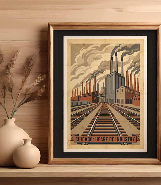 Vintage poster titled "Chicago: Heart of Industry" depicting factory smokestacks and train tracks.