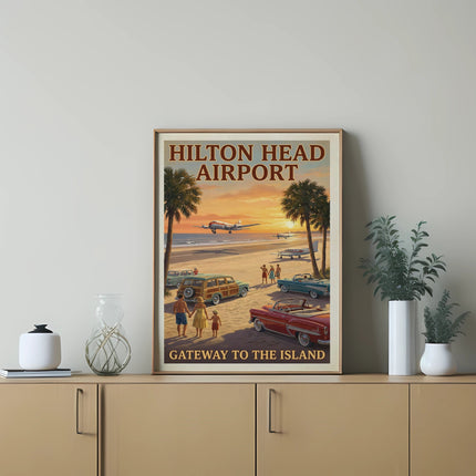 Hilton Head Airport Gateway to the Island vintage travel poster with planes, cars, and beachgoers.