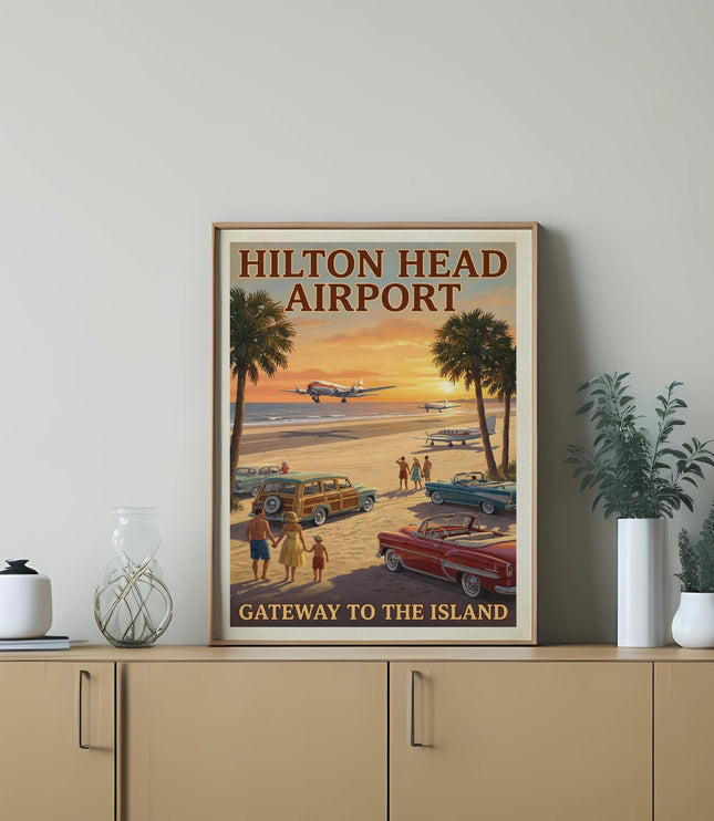 Hilton Head Airport Gateway to the Island vintage travel poster with planes, cars, and beachgoers.