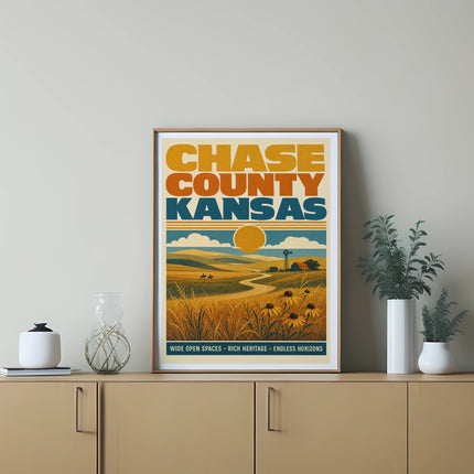 Chase County, Kansas vintage travel poster with sunflowers and farm landscape.