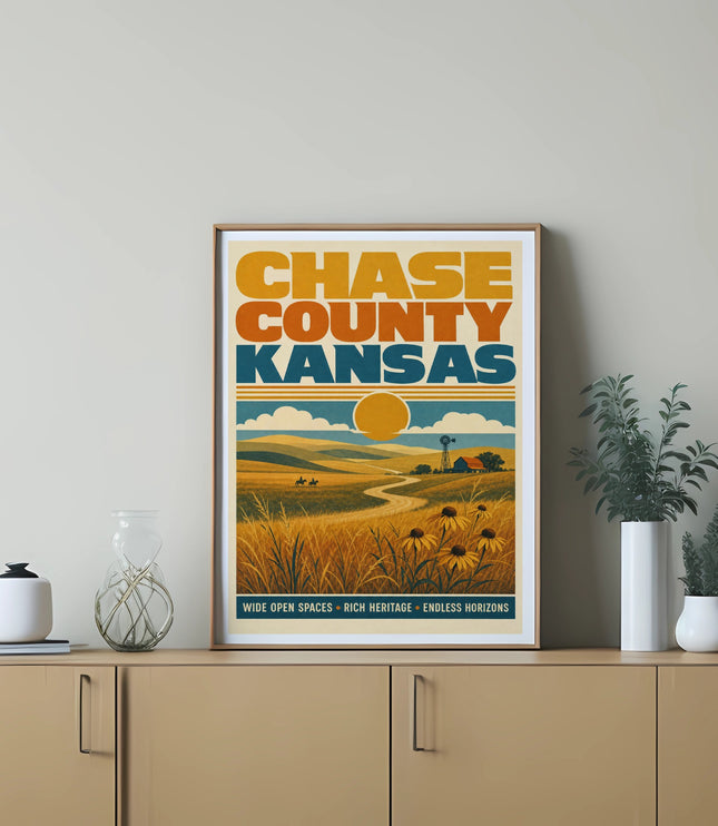 Chase County, Kansas vintage travel poster with sunflowers and farm landscape.