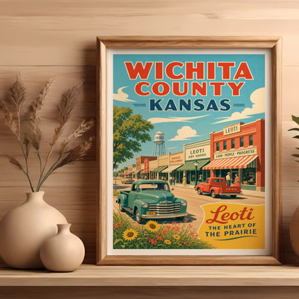 Vintage Wichita County, Kansas poster with retro truck and Leoti landmarks.
