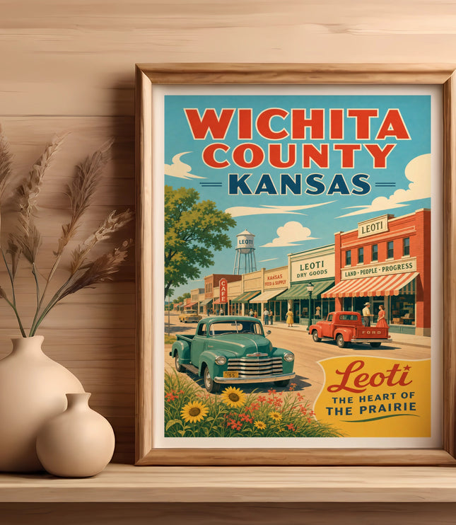 Vintage Wichita County, Kansas poster with retro truck and Leoti landmarks.