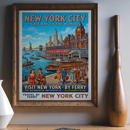 New York City ferry poster with skyline, boats, and text.